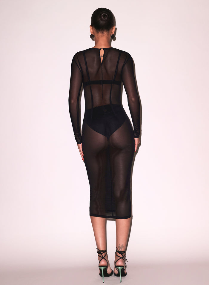 Mesh Long Sleeve Midi Dress-black
