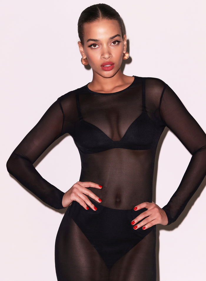 Mesh Long Sleeve Midi Dress-black-flat