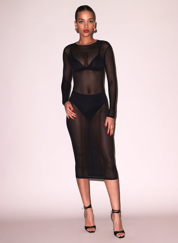 Mesh Long Sleeve Midi Dress-black