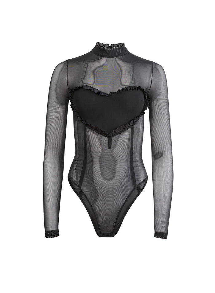 Mesh Ruffle Heart Bodysuit-black-flat