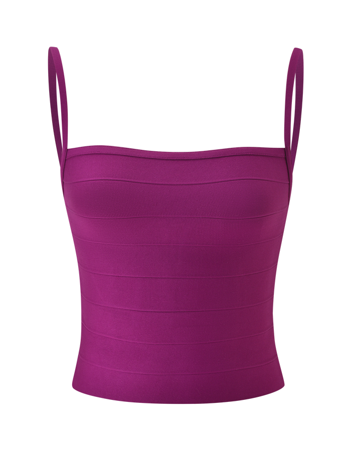 Introducing the TIGERMIST MIDORI BANDAGE TOP in plum: a sleeveless, ribbed bandage tank featuring thin shoulder straps and a flattering square neckline, expertly designed to accentuate the waist, showcased against a plain white background.