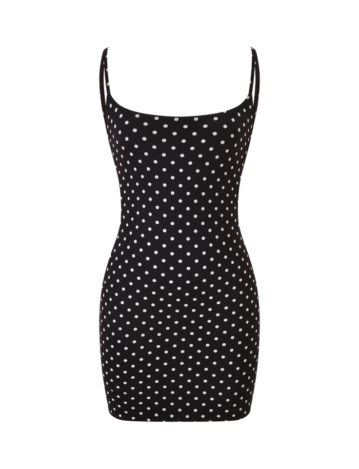 The TIGERMIST MINERVA MINI DRESS 2.0 in black polka dot features a sleeveless design, adjustable shoulder straps, and a flattering bodycon fit, shown against a plain white background.