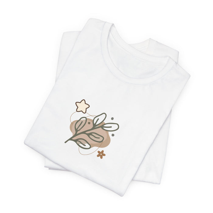 Minimal Botanical Tee — Neutral Leaf & Stars Graphic Shirt