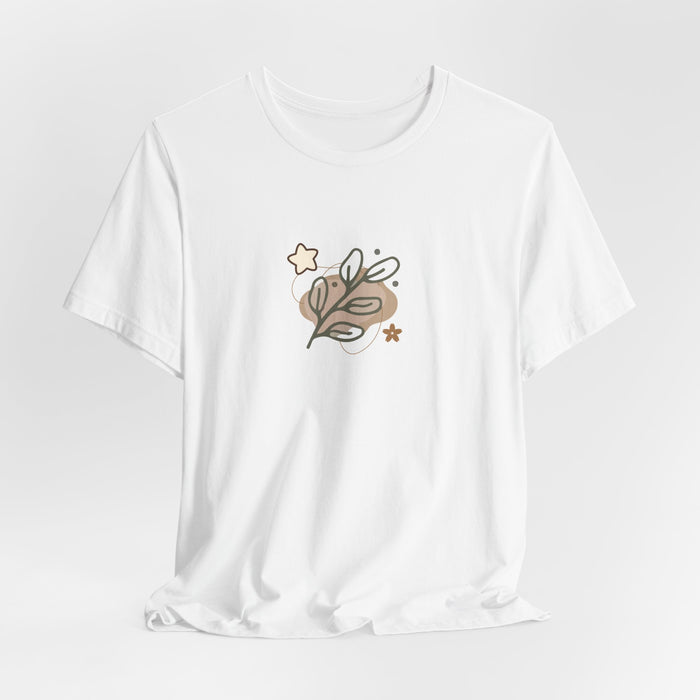 Minimal Botanical Tee — Neutral Leaf & Stars Graphic Shirt