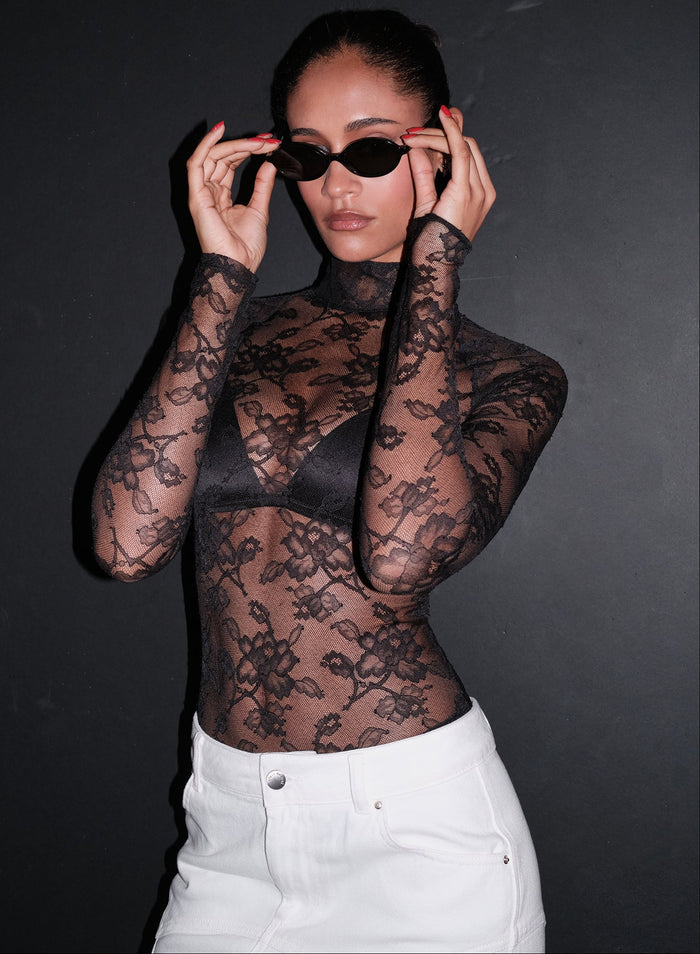 Mock Neck Lace Bodysuit-black-Fleur du Mal