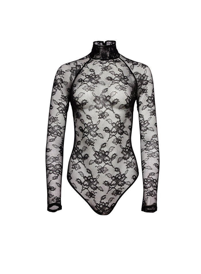 Mock Neck Lace Bodysuit-black