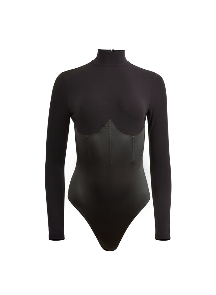 Mock Neck Long Sleeve Bodysuit-black-flat