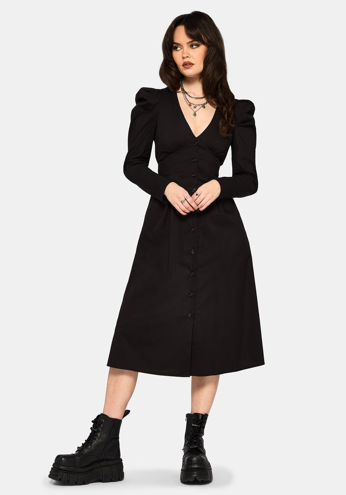 Morag Button Up Mutton Sleeve Cotton Midi Dress