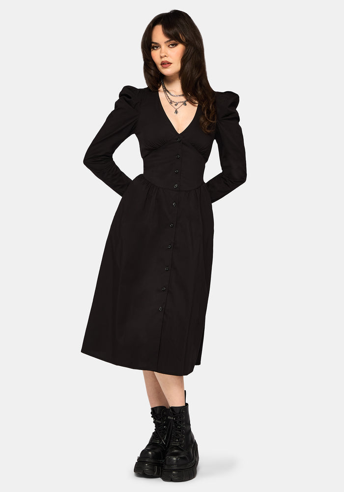 Morag Button Up Mutton Sleeve Cotton Midi Dress