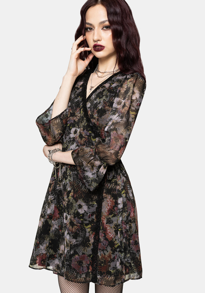 Mortua Grunge Floral Print Lace Trim Mini Wrap Dress