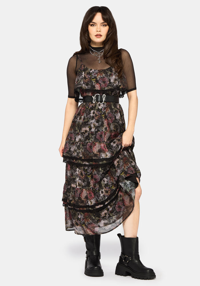 Mortua Grunge Floral Print Peplum Frill Cami Maxi Dress