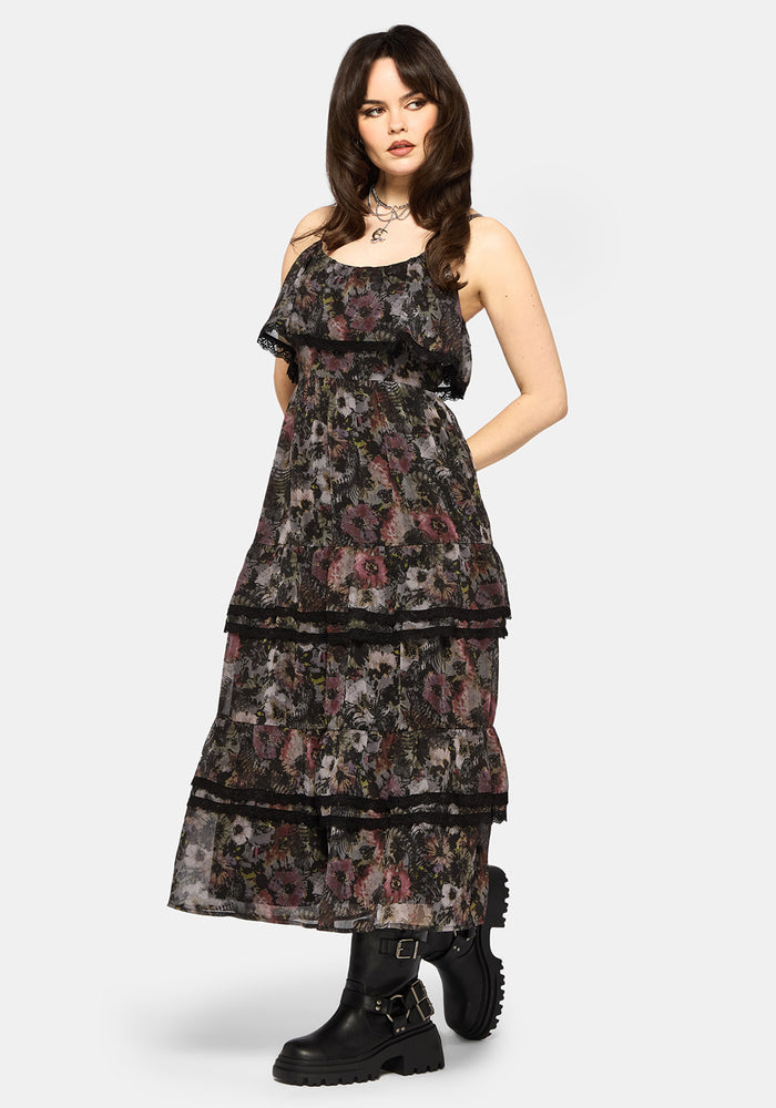 Mortua Grunge Floral Print Peplum Frill Cami Maxi Dress