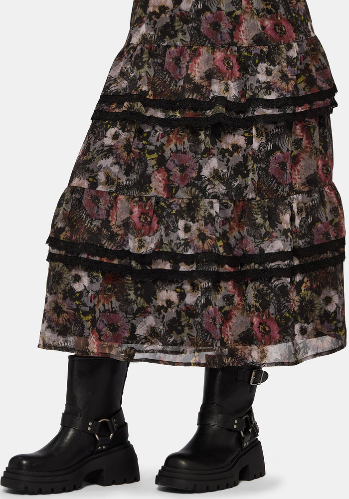 Mortua Grunge Floral Print Peplum Frill Cami Maxi Dress
