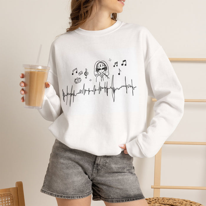 Music Lover Crewneck Sweatshirt — Heartbeat Wave & Singing Girl Graphic