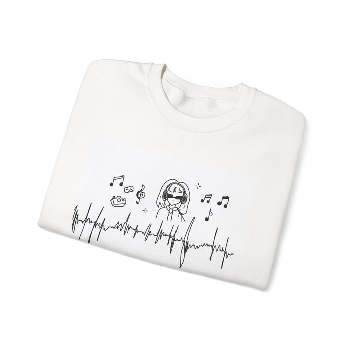 Music Lover Crewneck Sweatshirt — Heartbeat Wave & Singing Girl Graphic
