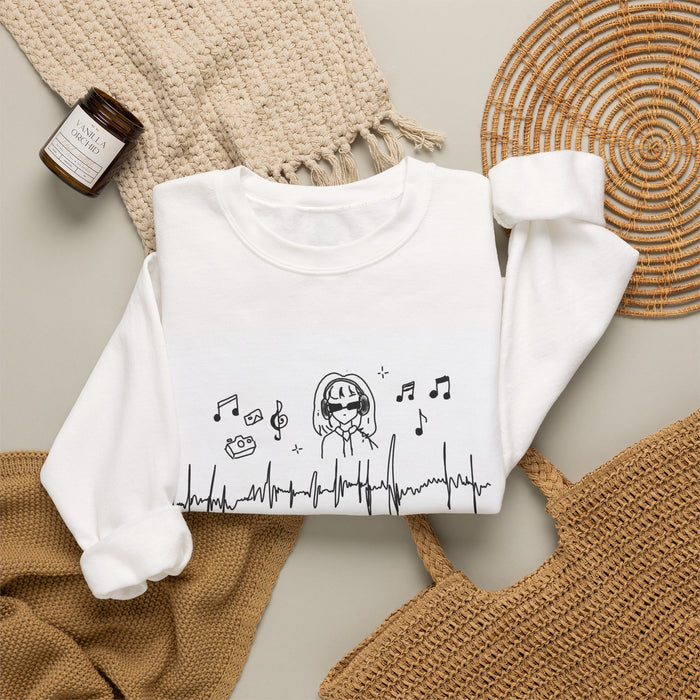 Music Lover Crewneck Sweatshirt — Heartbeat Wave & Singing Girl Graphic
