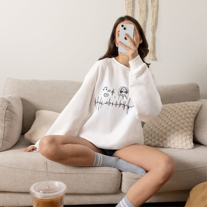 Music Lover Crewneck Sweatshirt — Heartbeat Wave & Singing Girl Graphic