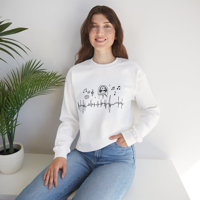 Music Lover Crewneck Sweatshirt — Heartbeat Wave & Singing Girl Graphic
