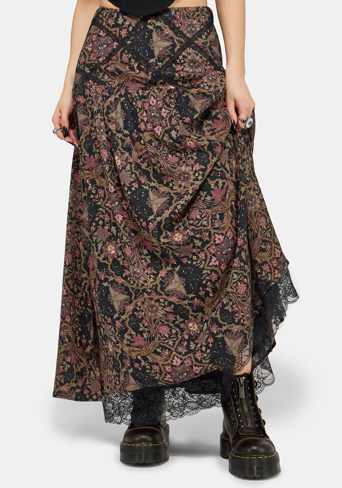 Mythos Print Lace Detail Midaxi Skirt US 2