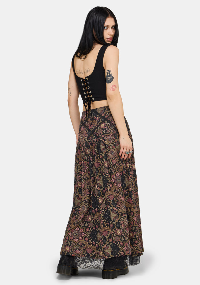Mythos Print Lace Detail Midaxi Skirt US 2