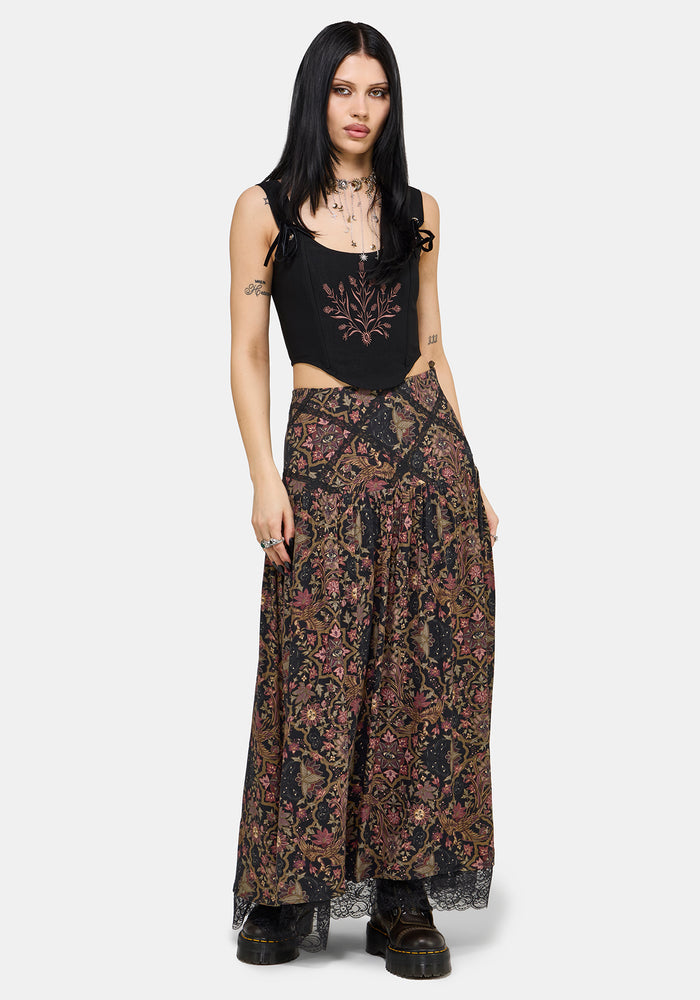 Mythos Print Lace Detail Midaxi Skirt US 2