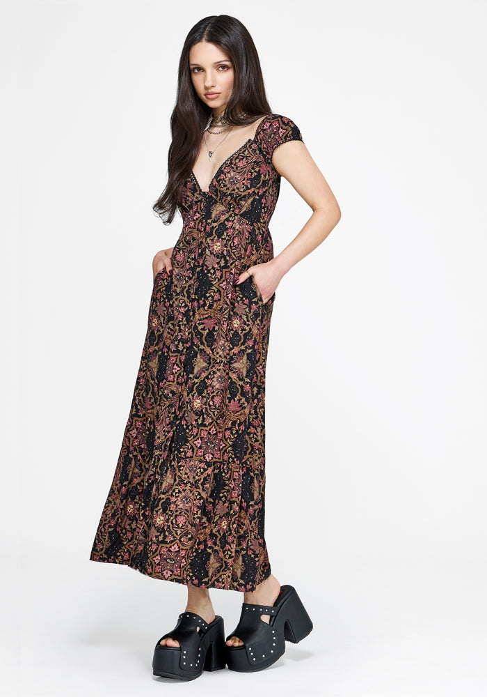 Mythos Print Milkmaid Smock Midaxi Dress