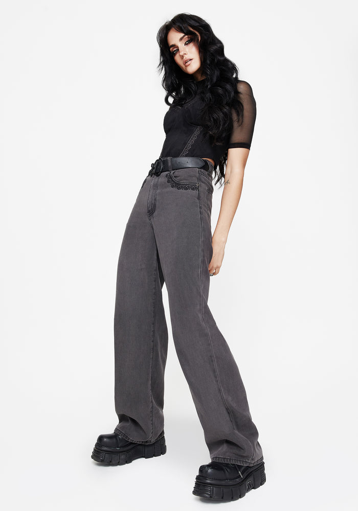 Nara Wide Leg Distressed Gothic Embroidery Jeans
