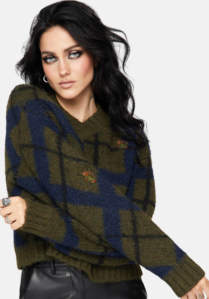 Nelly Spliced Check Bug Jacquard Cropped Knit Sweater