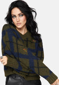 Nelly Spliced Check Bug Jacquard Cropped Knit Sweater