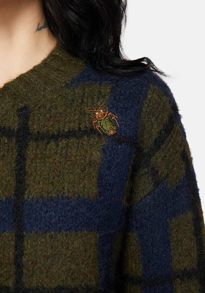 Nelly Spliced Check Bug Jacquard Cropped Knit Sweater