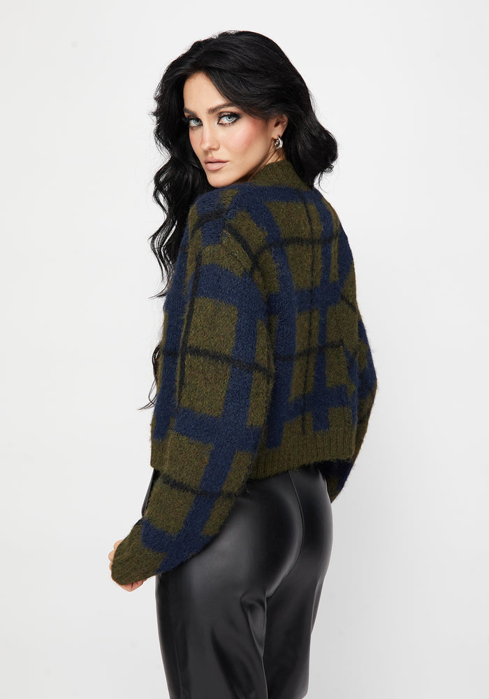 Nelly Spliced Check Bug Jacquard Cropped Knit Sweater