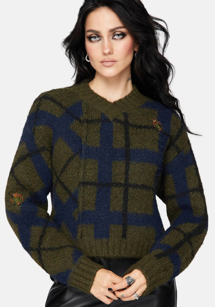 Nelly Spliced Check Bug Jacquard Cropped Knit Sweater
