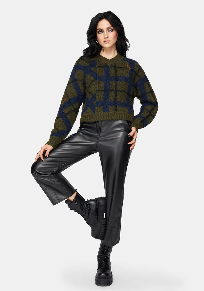 Nelly Spliced Check Bug Jacquard Cropped Knit Sweater