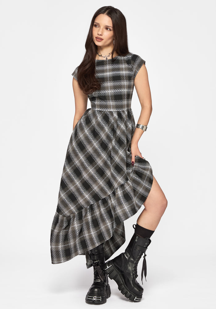 Noemi Check Asymmetric Ruffle Maxi Dress