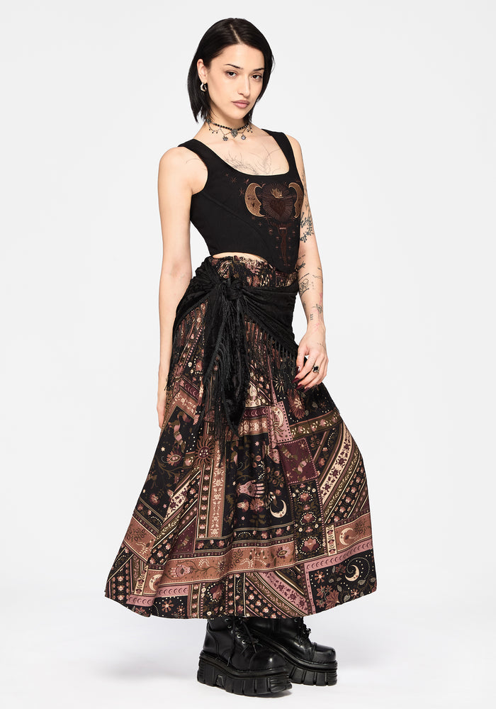 Nola Folk Patchwork Print Shirred Midi Skirt