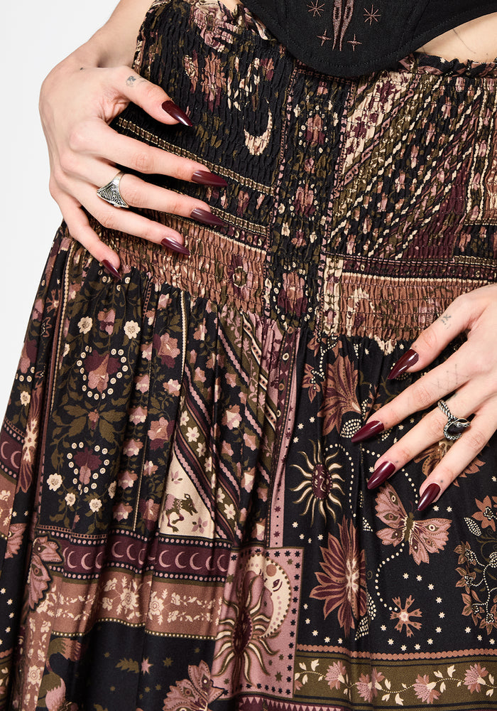 Nola Folk Patchwork Print Shirred Midi Skirt