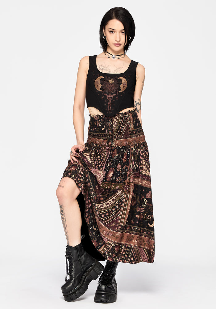 Nola Folk Patchwork Print Shirred Midi Skirt