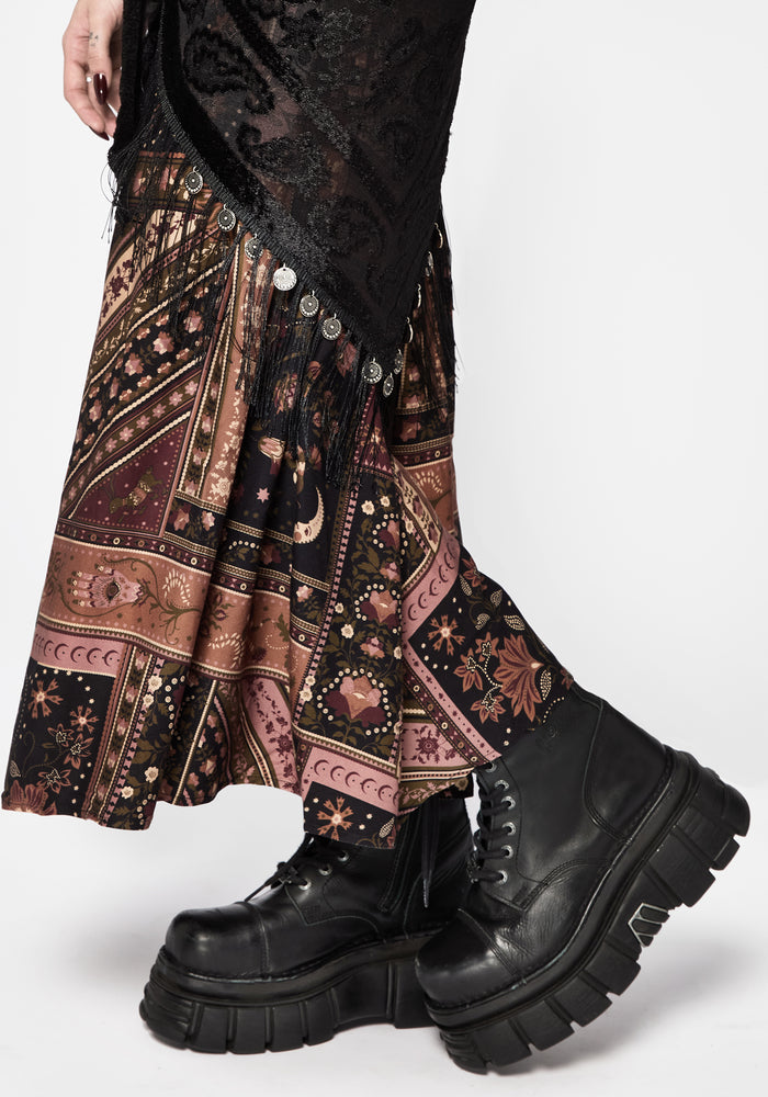 Nola Folk Patchwork Print Shirred Midi Skirt