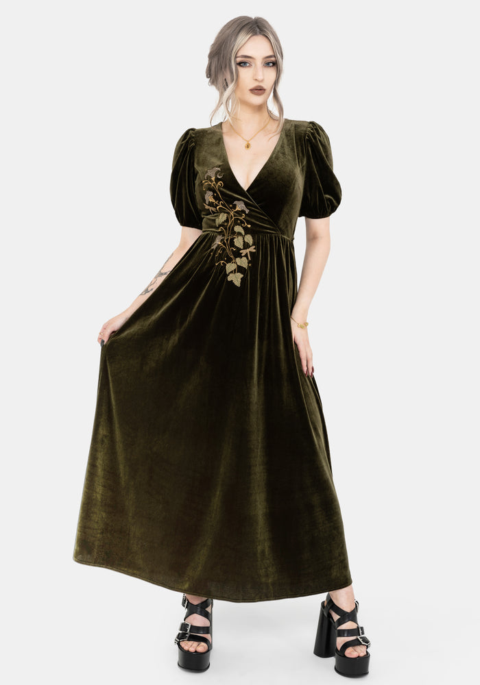 Noura Floral Dragonfly Embroidered Puffball Sleeve Velour Midaxi Dress