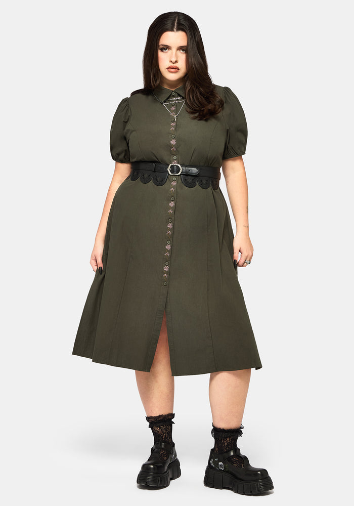 Odile Embroidered Button Down Tie Waist Midaxi Dress