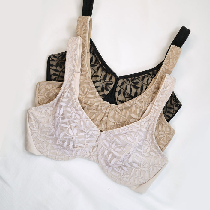 Olga by Warners Sheer Leaves Lace Neckline Underwire Unlined Minimizer Bra