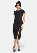 Opaline Asymmetric Neck Slash Short Sleeve Midi Dress