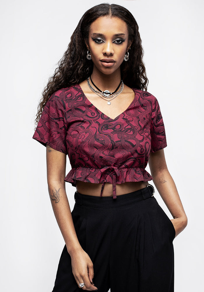 Ophidia Snakes Print Tie Detail Crop Top - Red