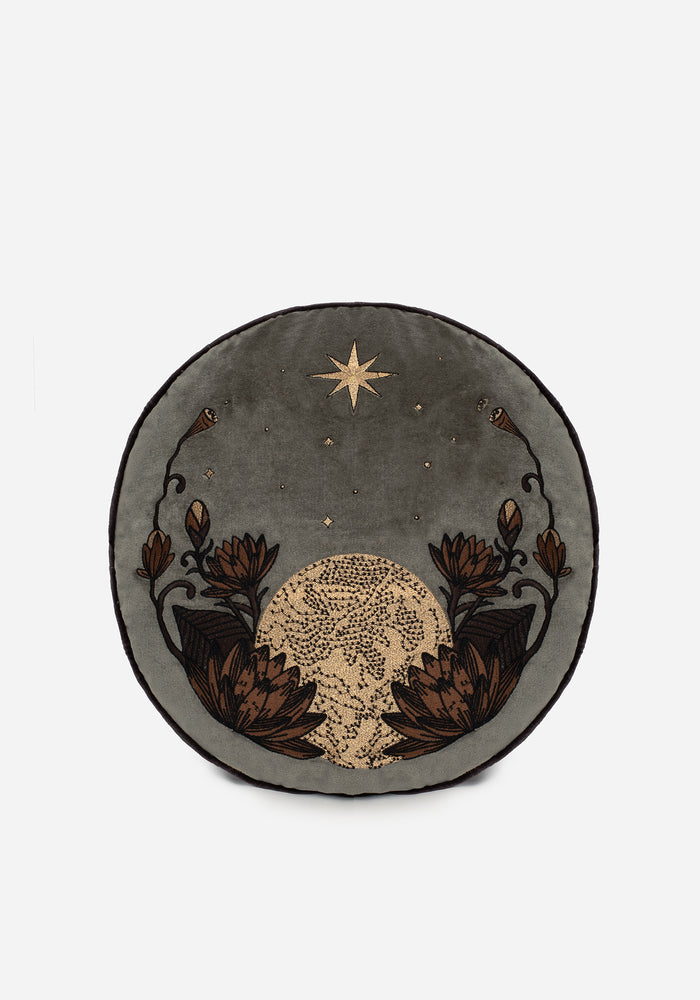Opora Embroidered Floral Moon Round Cushion