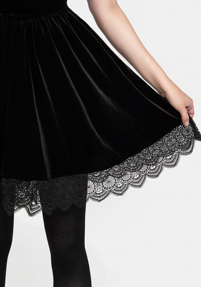 Orbweb Lace Hem Velour Mini Dress