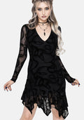 Paleo Flocked Mesh Skeletal Snake Asymmetric Hanky Hem Mini Dress