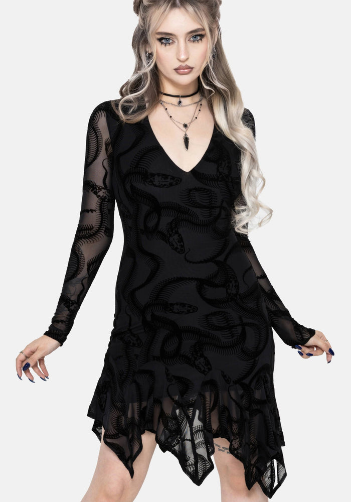 Paleo Flocked Mesh Skeletal Snake Asymmetric Hanky Hem Mini Dress