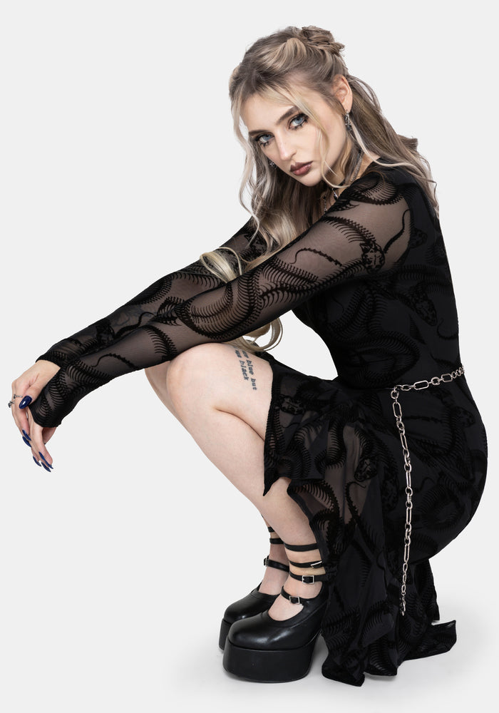 Paleo Flocked Mesh Skeletal Snake Asymmetric Hanky Hem Mini Dress