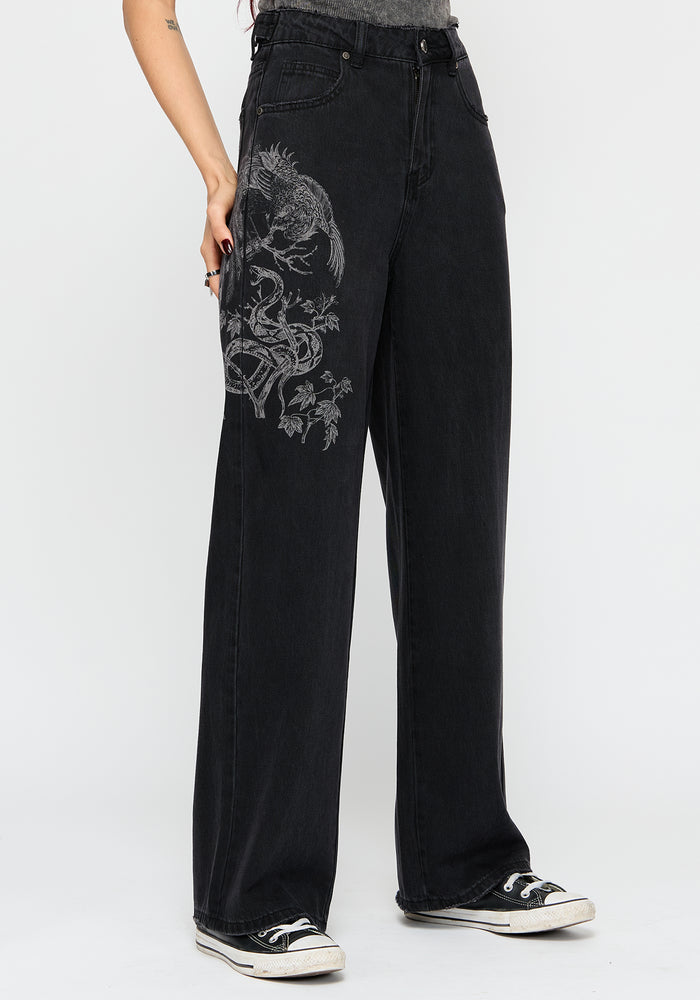 Phoenix Print Wide Leg Denim Jeans