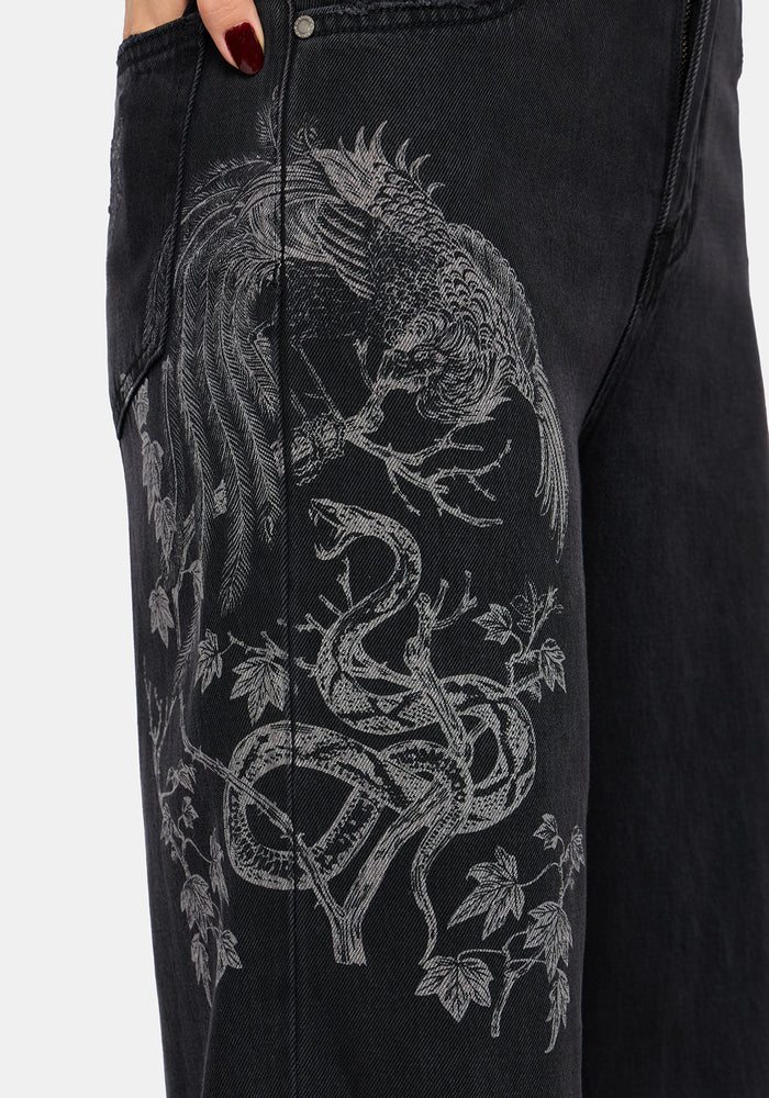 Phoenix Print Wide Leg Denim Jeans